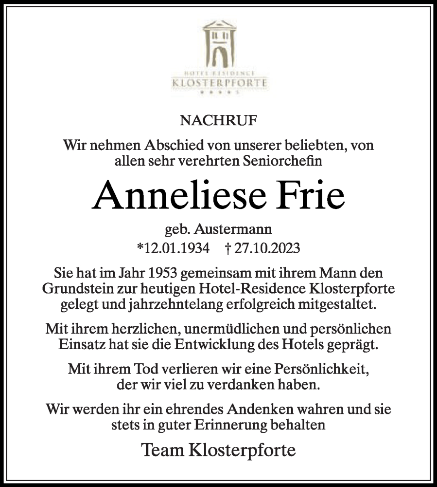  Traueranzeige für Anneliese Frie vom 01.11.2023 aus Die Glocke