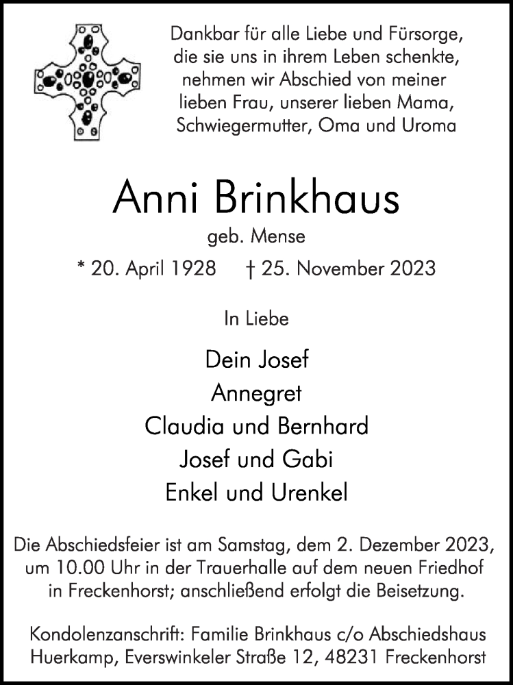  Traueranzeige für Anni Brinkhaus vom 29.11.2023 aus Die Glocke