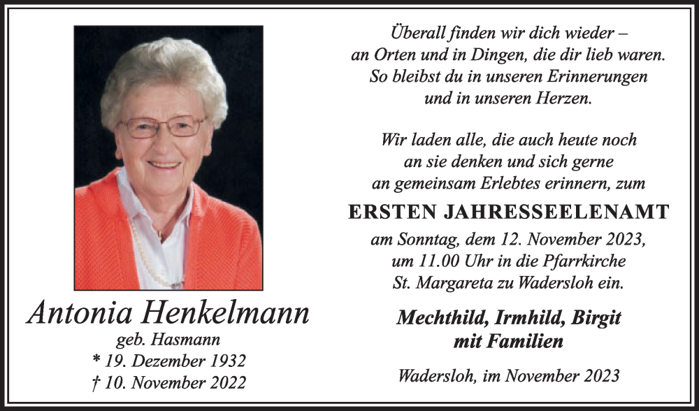  Traueranzeige für Antonia Henkelmann vom 04.11.2023 aus Die Glocke
