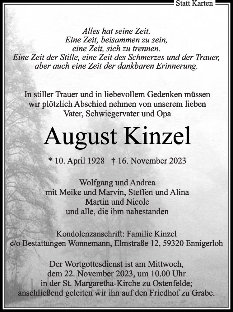  Traueranzeige für August Kinzel vom 18.11.2023 aus Die Glocke