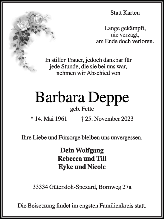 Traueranzeige von Barbara Deppe von Die Glocke