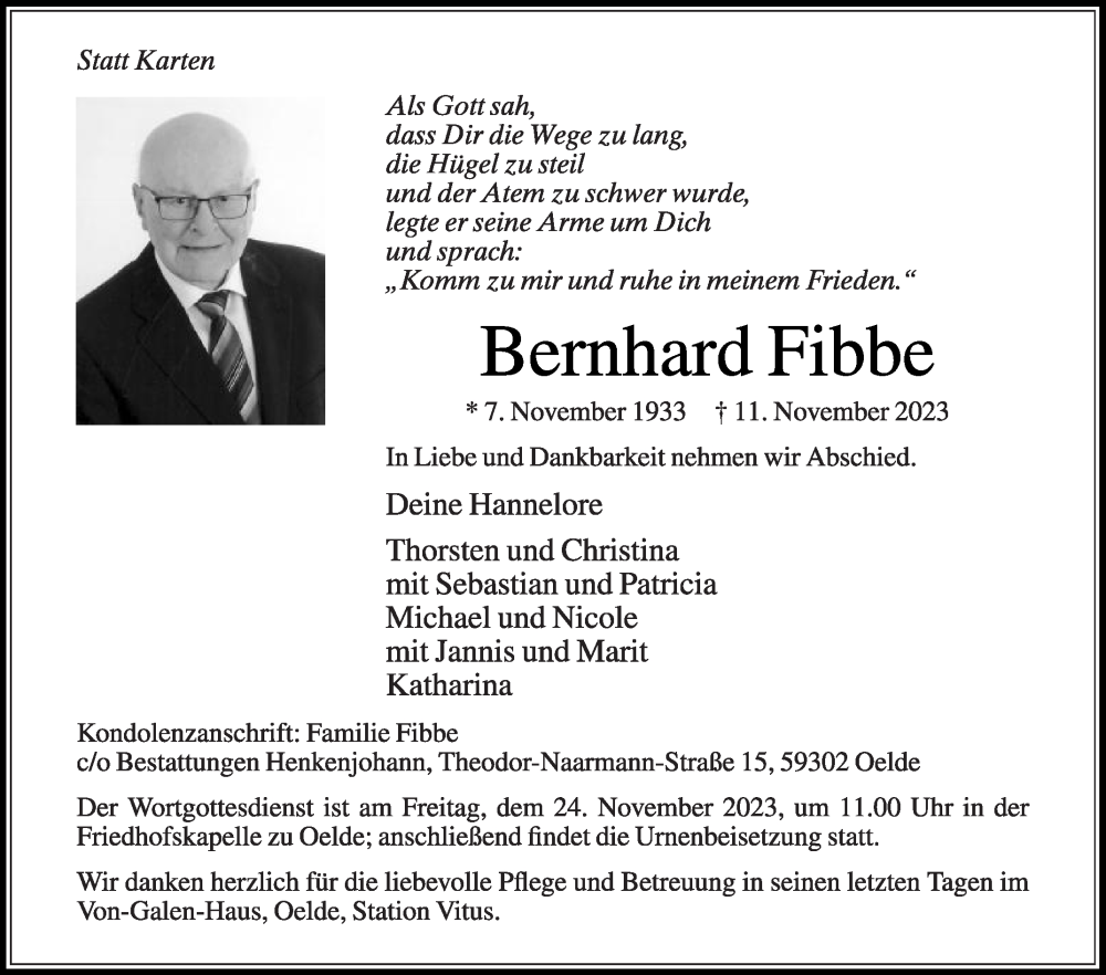  Traueranzeige für Bernhard Fibbe vom 18.11.2023 aus Die Glocke