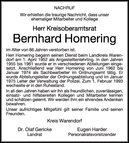 Traueranzeige von Bernhard Homering von Die Glocke