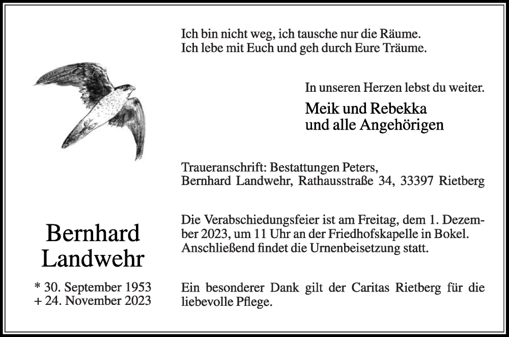  Traueranzeige für Bernhard Landwehr vom 28.11.2023 aus Die Glocke