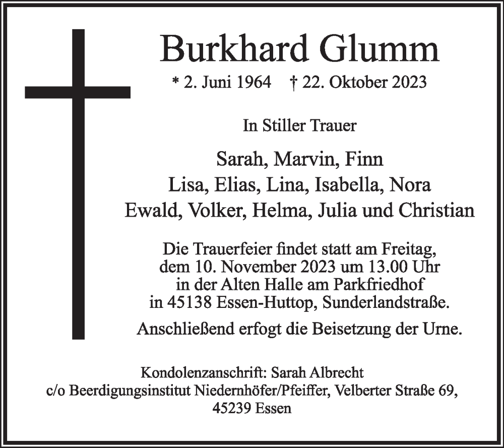  Traueranzeige für Burkhard Glumm vom 04.11.2023 aus Die Glocke