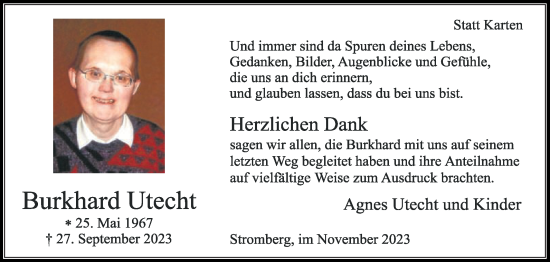 Traueranzeige von Burkhard Utecht von Die Glocke