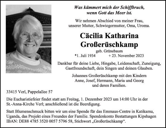 Traueranzeige von Cäcilia Katharina Großerüschkamp von Die Glocke