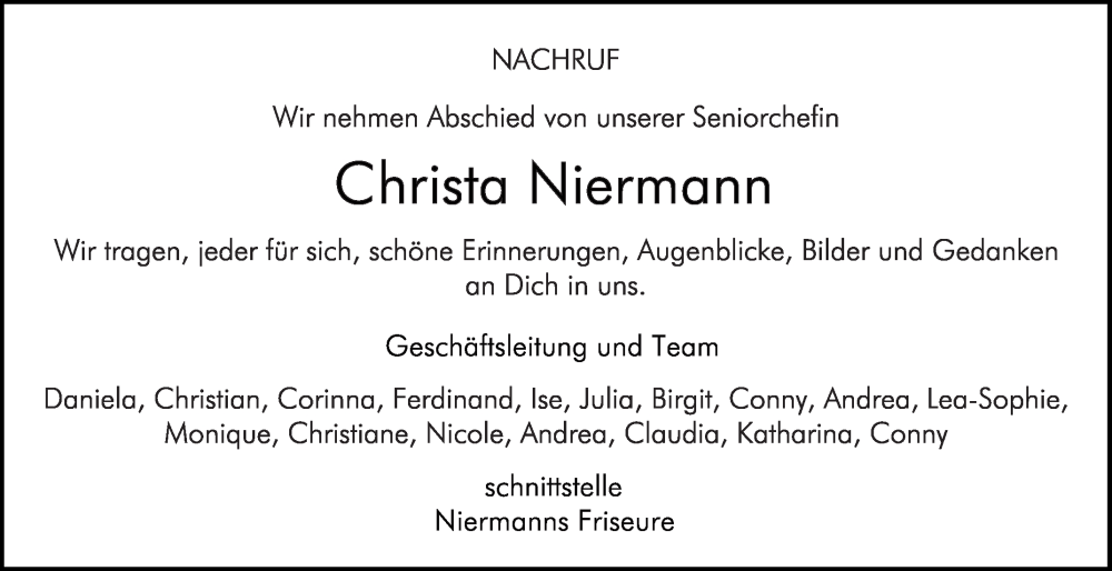  Traueranzeige für Christa Niermann vom 11.11.2023 aus Die Glocke