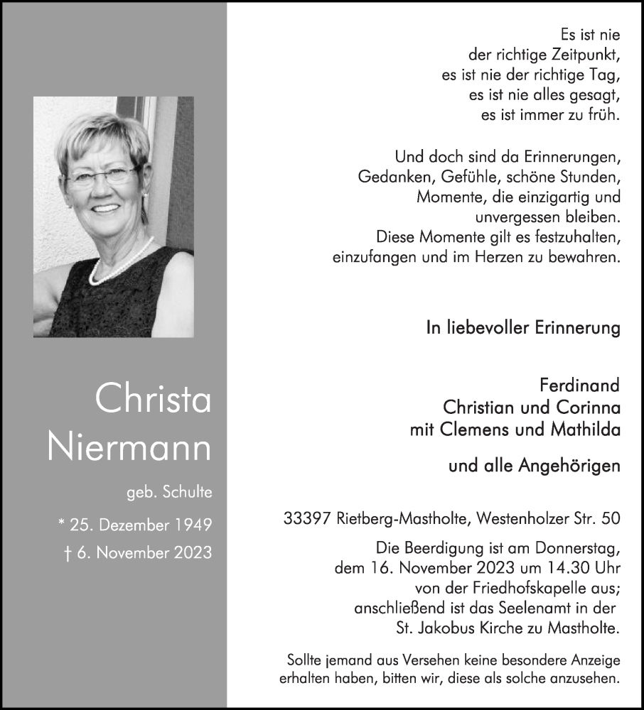  Traueranzeige für Christa Niermann vom 11.11.2023 aus Die Glocke