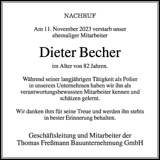 Traueranzeige von Dieter Becher von Die Glocke