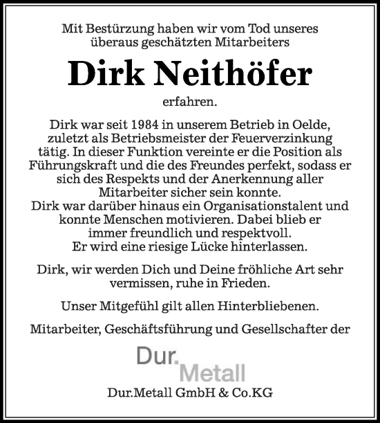 Traueranzeige von Dirk Neithöfer von Die Glocke