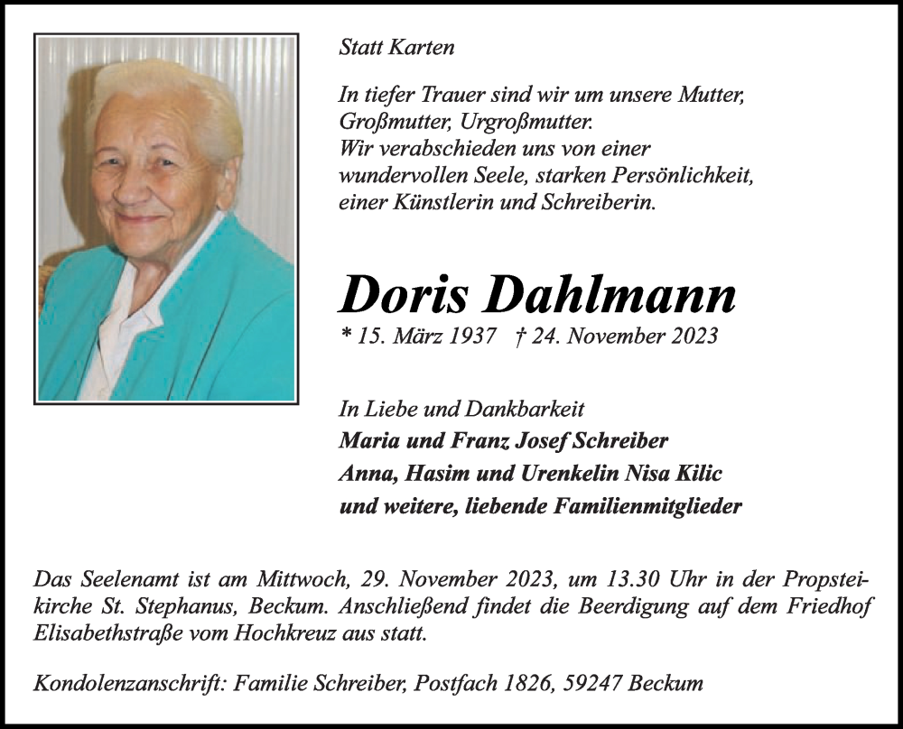  Traueranzeige für Doris Dahlmann vom 28.11.2023 aus Die Glocke