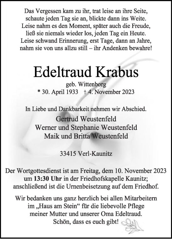 Traueranzeige von Edeltraud Krabus von Die Glocke