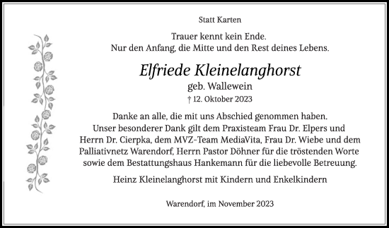 Traueranzeige von Elfriede Kleinelanghorst von Die Glocke