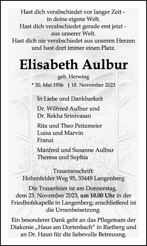  Traueranzeige für Elisabeth Aulbur vom 21.11.2023 aus Die Glocke