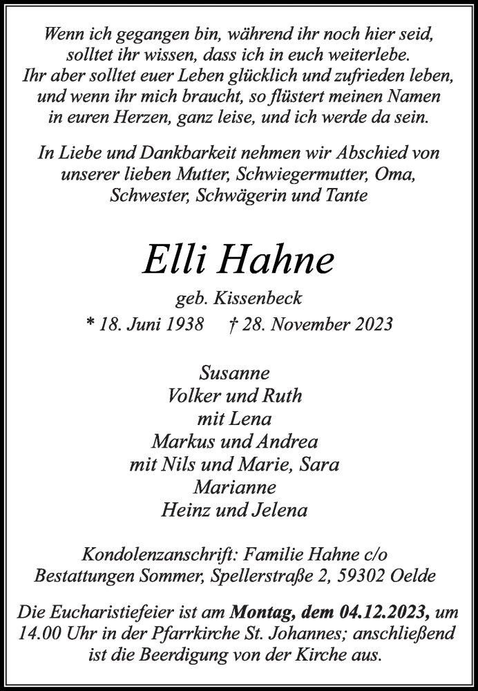  Traueranzeige für Elli Hahne vom 30.11.2023 aus Die Glocke