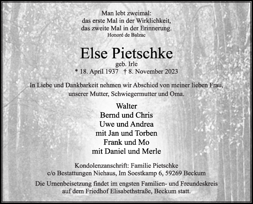  Traueranzeige für Else Pietschke vom 22.11.2023 aus Die Glocke