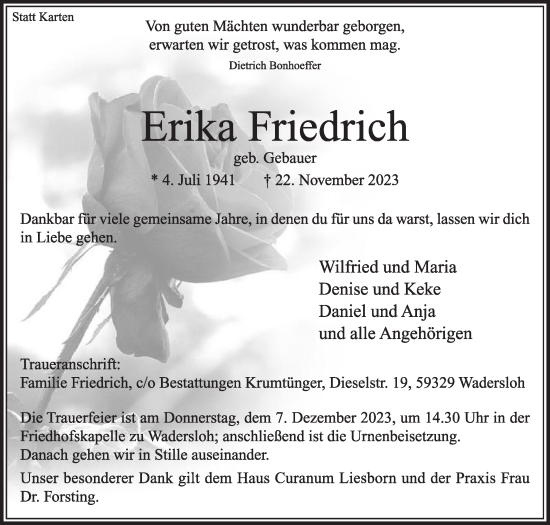 Traueranzeige von Erika Friedrich von Die Glocke