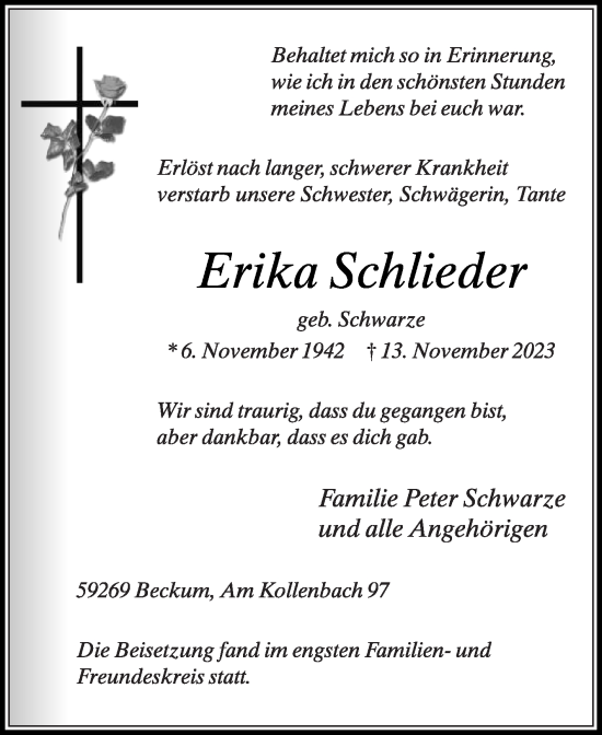 Traueranzeige von Erika Schlieder von Die Glocke