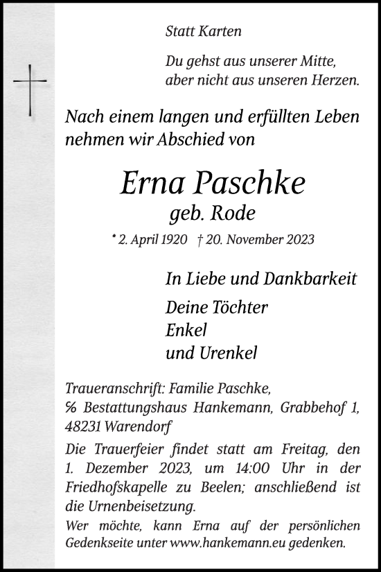 Traueranzeige von Erna Paschke von Die Glocke