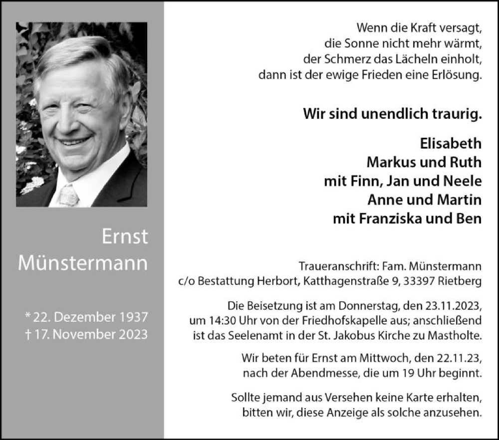  Traueranzeige für Ernst Münstermann vom 18.11.2023 aus Die Glocke