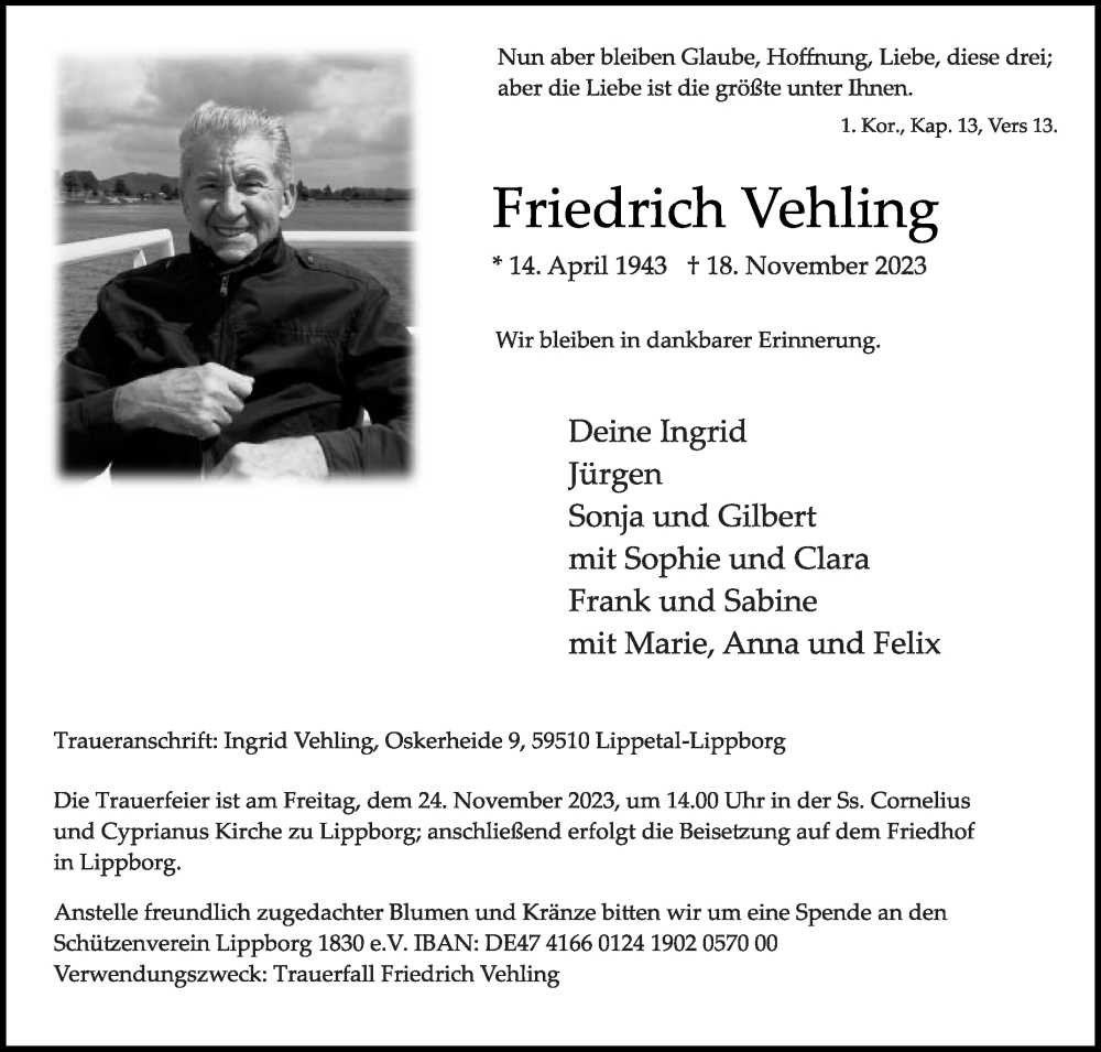  Traueranzeige für Friedrich Vehling vom 21.11.2023 aus Die Glocke