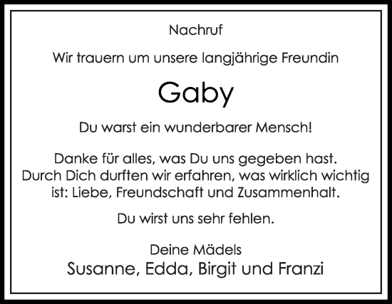 Traueranzeige von Gaby  von Die Glocke