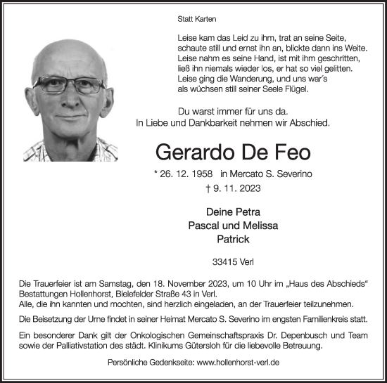 Traueranzeige von Gerardo De Feo von Die Glocke