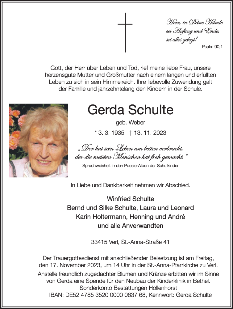  Traueranzeige für Gerda Schulte vom 15.11.2023 aus Die Glocke