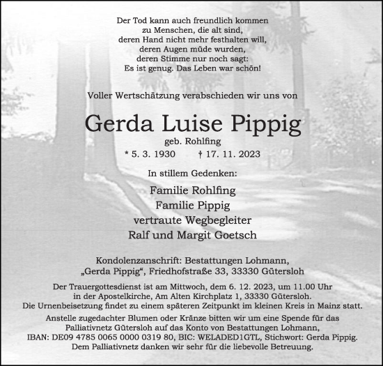 Traueranzeige von Gerda Luise Pippig von Die Glocke