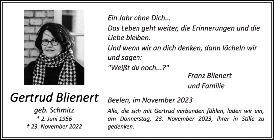 Traueranzeige von Gertrud Blienert von Die Glocke