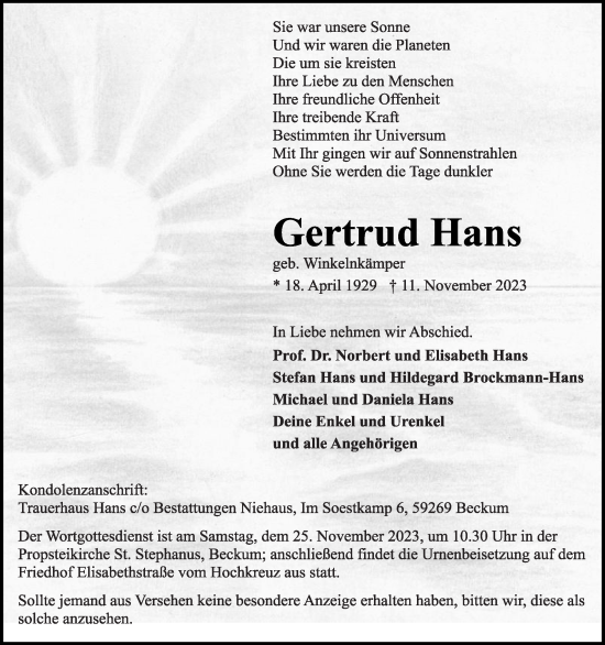 Traueranzeigen Von Gertrud Hans | Trauer.die-glocke.de