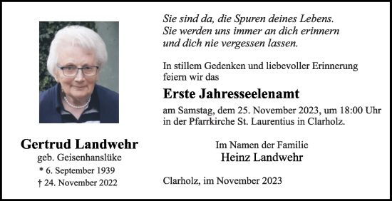Traueranzeige von Gertrud Landwehr von Die Glocke