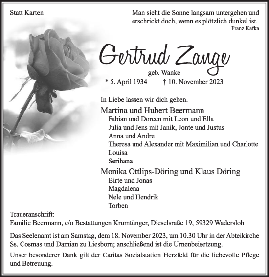 Traueranzeige von Gertrud Zange von Die Glocke