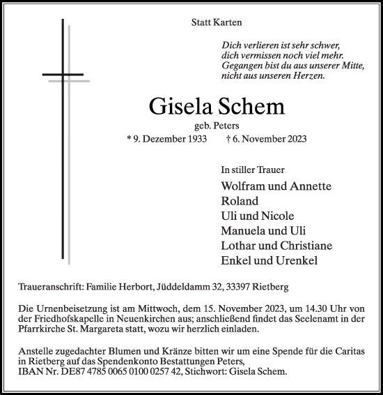 Traueranzeige von Gisela Schem von Die Glocke