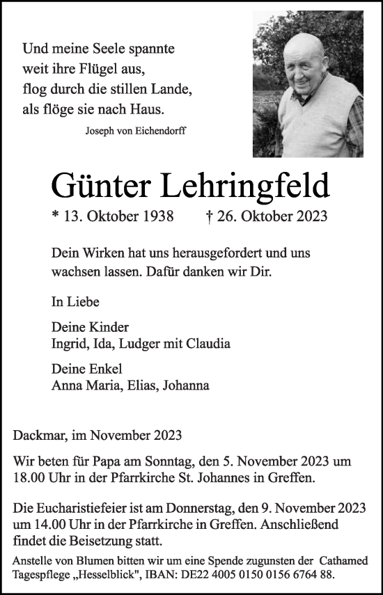 Traueranzeige von Günter Lehringfeld von Die Glocke