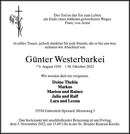 Traueranzeige von Günter Westerbarkei von Die Glocke