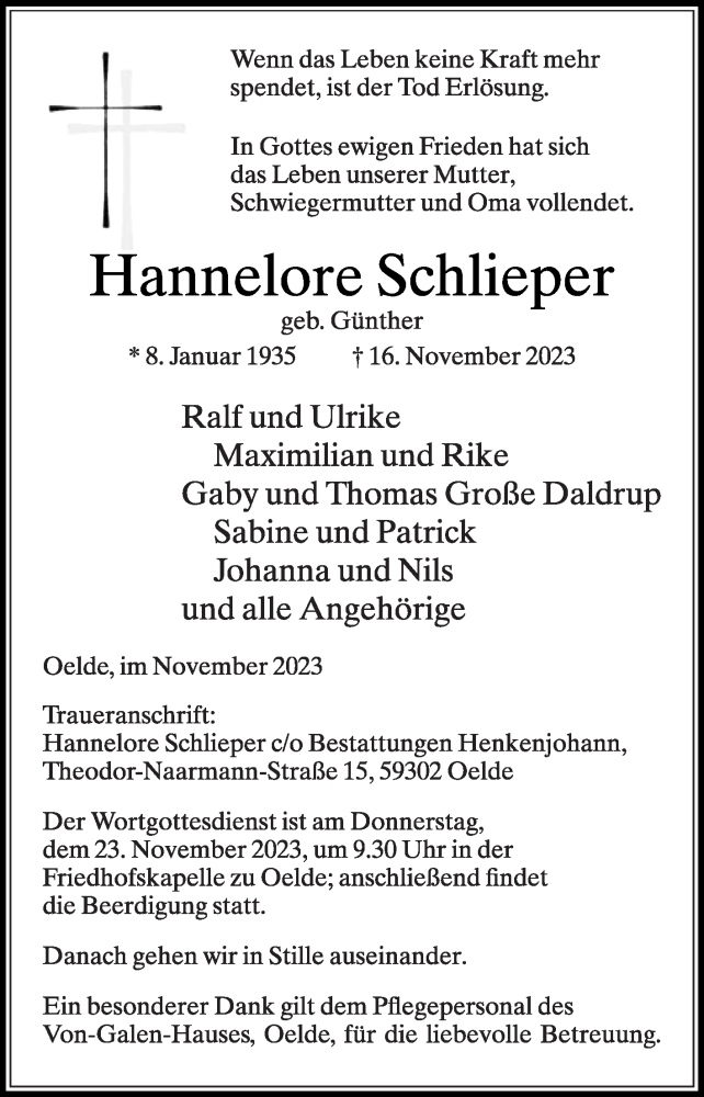  Traueranzeige für Hannelore Schlieper vom 18.11.2023 aus Die Glocke