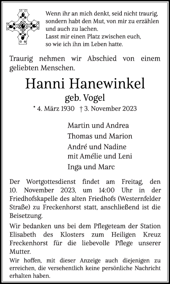 Traueranzeige von Hanni Hanewinkel von Die Glocke