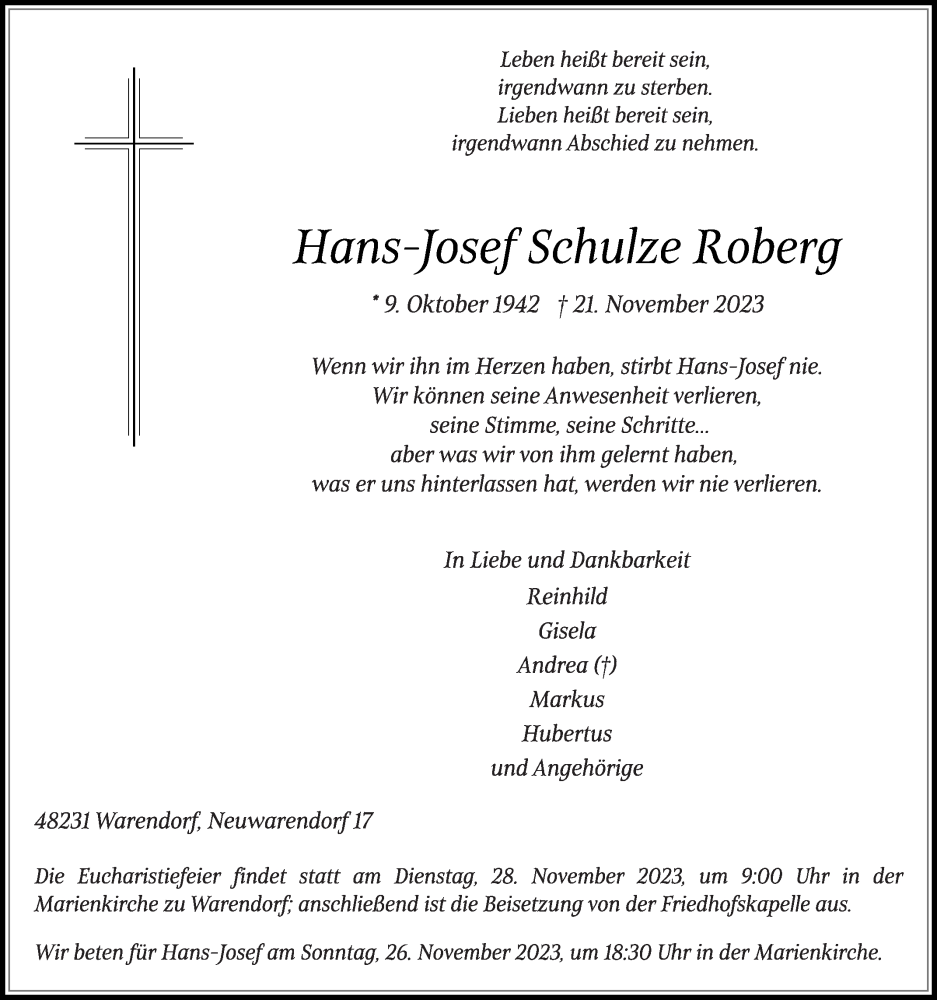  Traueranzeige für Hans-Josef Schulze Roberg vom 25.11.2023 aus Die Glocke