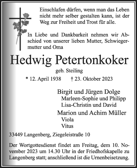 Traueranzeige von Hedwig Petertonkoker von Die Glocke