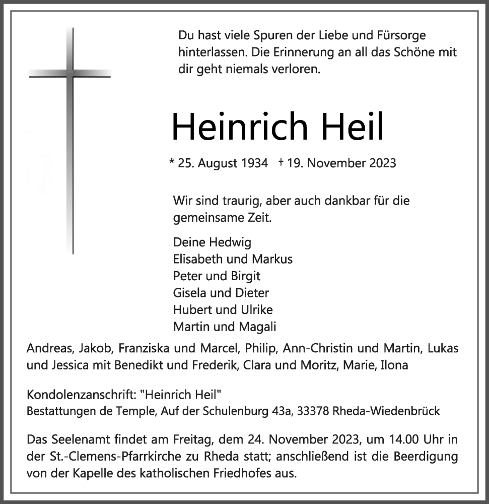  Traueranzeige für Heinrich Heil vom 21.11.2023 aus Die Glocke