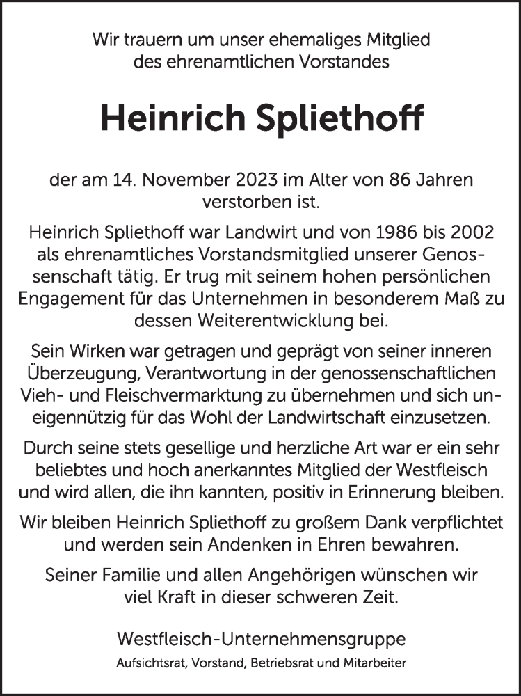  Traueranzeige für Heinrich Spliethoff vom 18.11.2023 aus Die Glocke