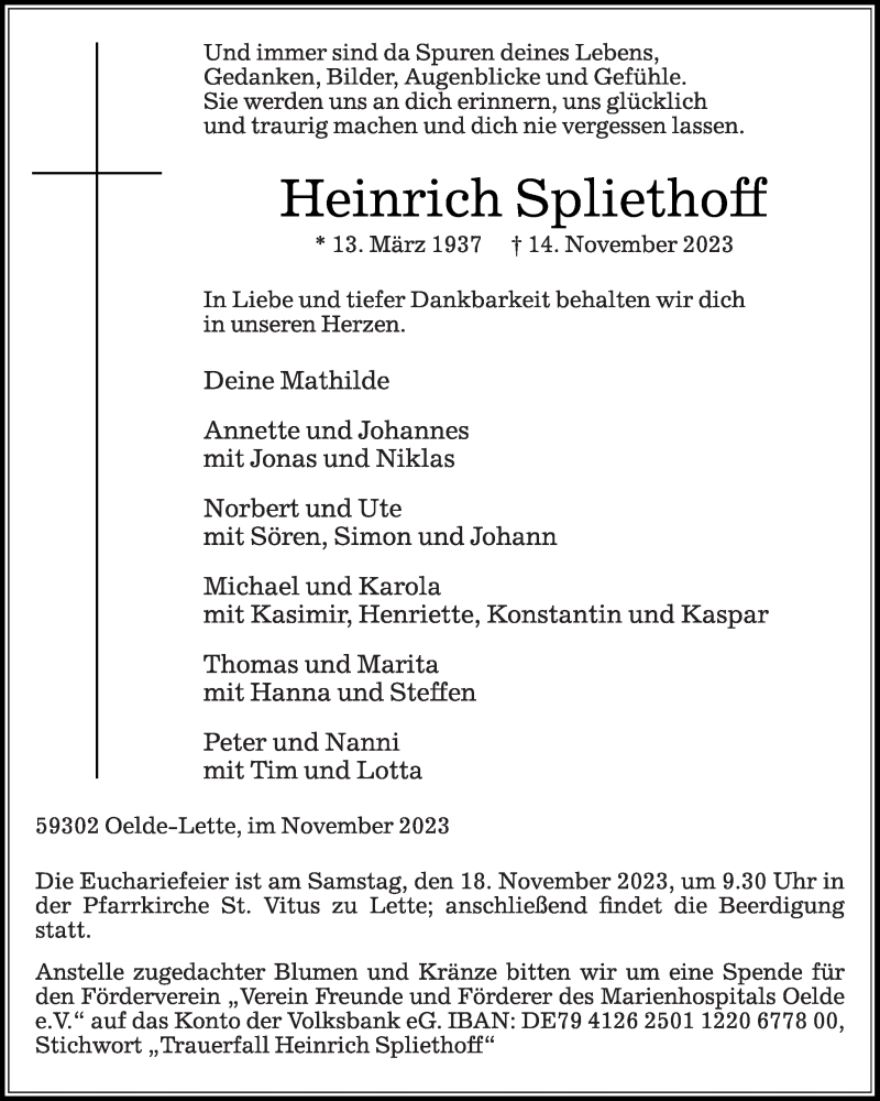  Traueranzeige für Heinrich Spliethoff vom 16.11.2023 aus Die Glocke