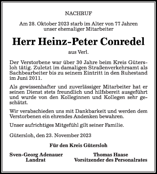 Traueranzeige von Heinz-Peter Conredel von Die Glocke