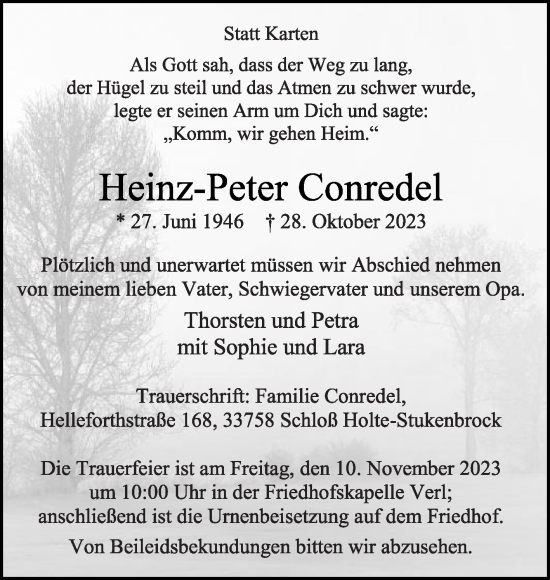 Traueranzeige von Heinz-Peter Conredel von Die Glocke