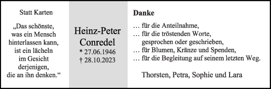 Traueranzeige von Heinz-Peter Conredel von Die Glocke