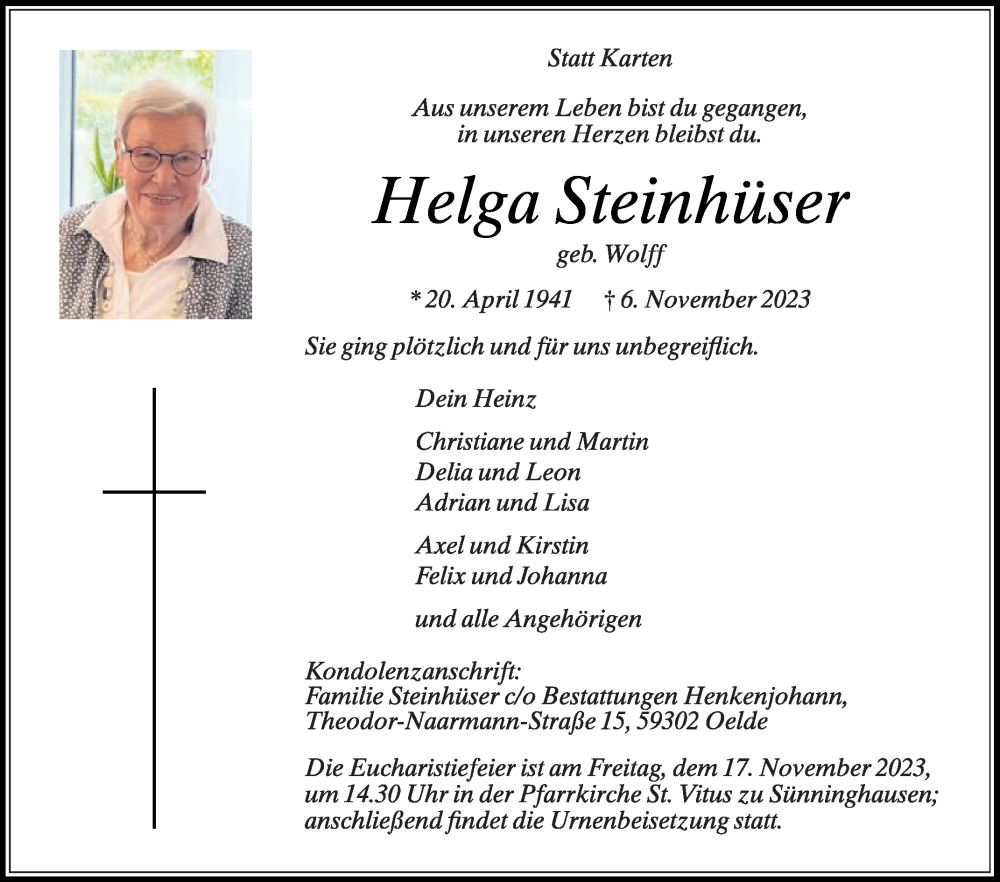  Traueranzeige für Helga Steinhüser vom 11.11.2023 aus Die Glocke