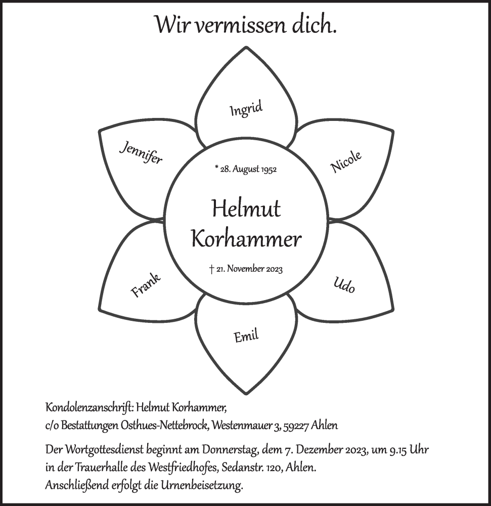  Traueranzeige für Helmut Korhammer vom 29.11.2023 aus Die Glocke