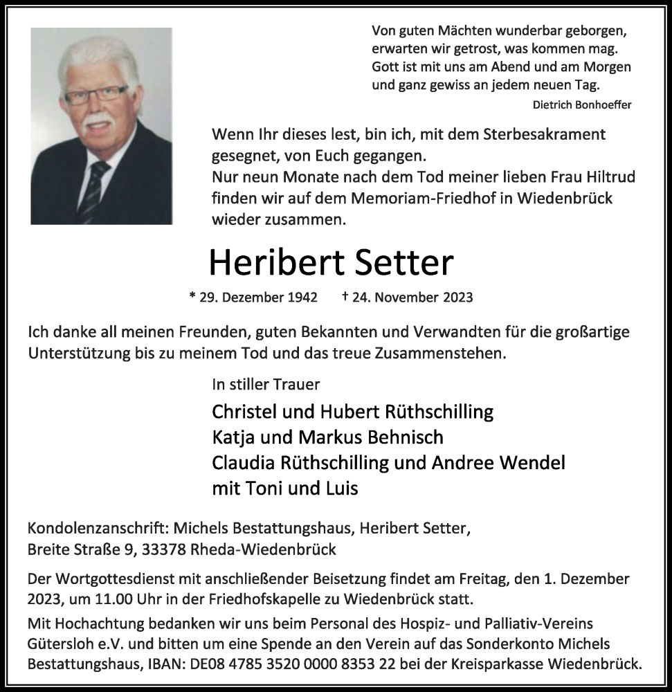  Traueranzeige für Heribert Setter vom 29.11.2023 aus Die Glocke